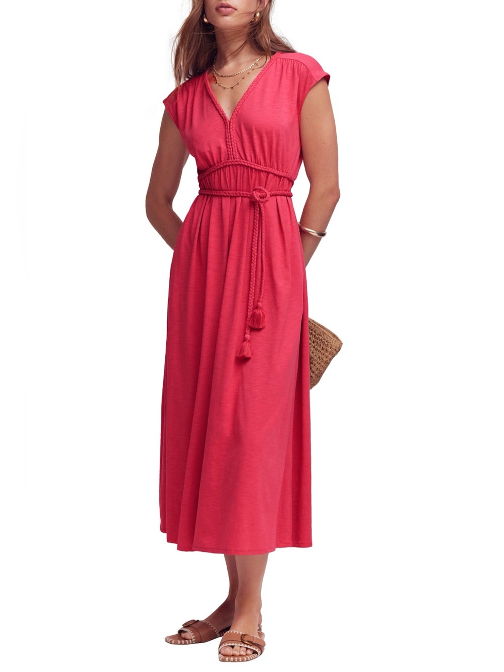Boden Coral Midi Dress with Braided Waist Tie
